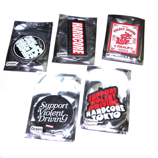Collection of five Hardcore Tokyo 2026 edition air freshener packages with various designs and text.