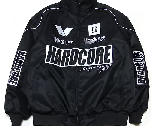 Black jacket with 'Hardcore Racing' branding on a white background