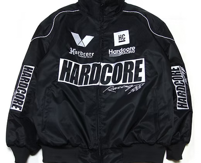 Black jacket with 'Hardcore Racing' branding on a white background