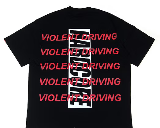 Hardcore Tokyo Heavy Layover T-shirt
Black t-shirt with 'Violent Driving' text in red and a logo in the center on a white background.