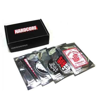 Collection of x5 air fresheners individually packaged with visible branding 