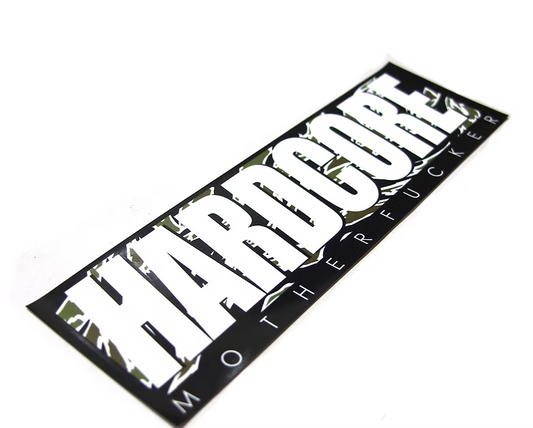 Sticker with a Camouflage background and Hardcore Motherfucker written on it 