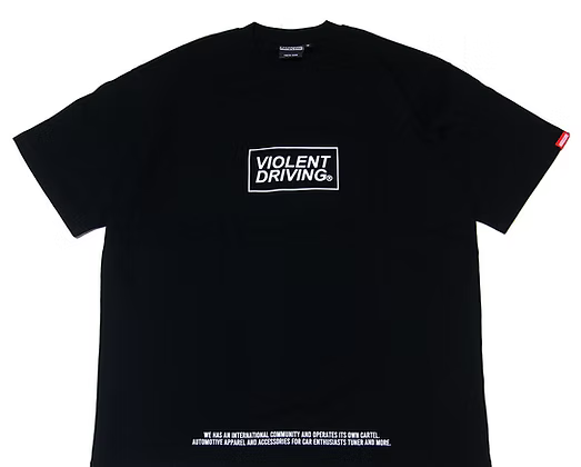 Harcore_Tokyo_Layover_T-shirt_Black t-shirt with 'Violent Driving' logo on a white background